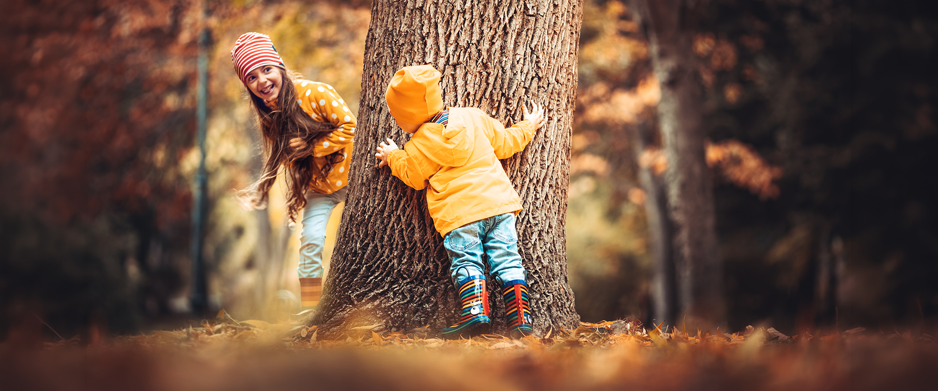 Genieten van een dagje uit in de herfst Twee kinderen spelen verstoppertje rond een boom in een park tijdens de herfst.