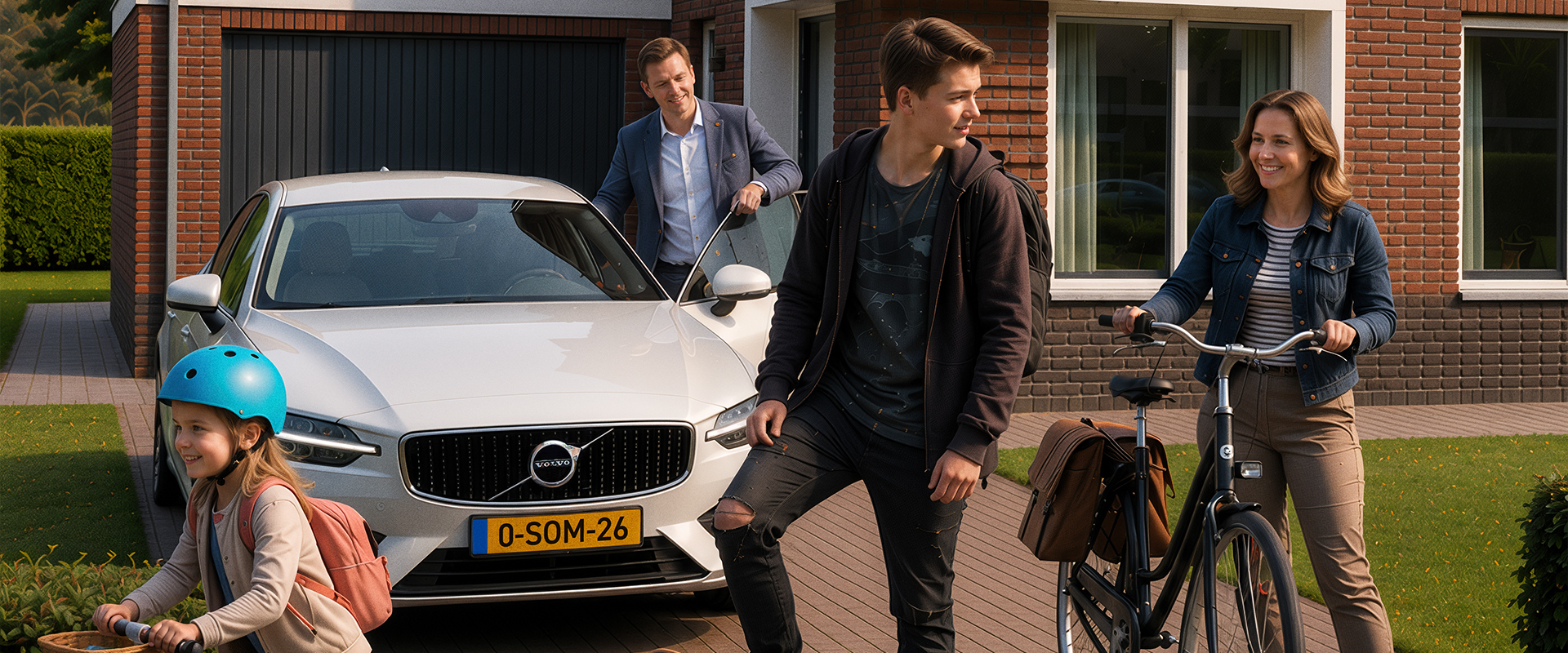Gezin bij woning met auto en fiets als illustratie van een verkeersschadeverzekering.