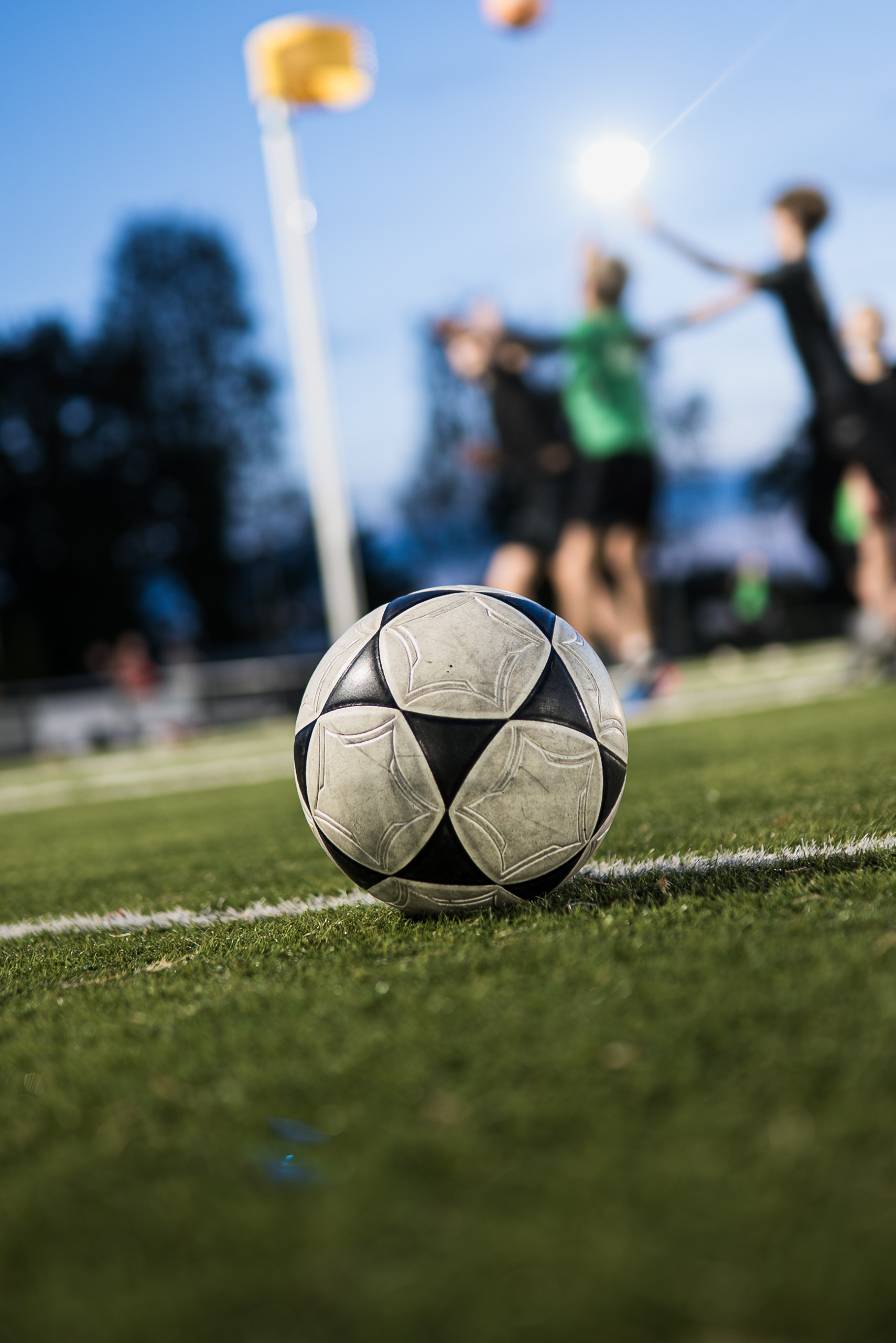 Korfbal op het kunstgrasveld van Groen Zwart in Borne, met spelende jeugdleden onscherp op de achtergrond.